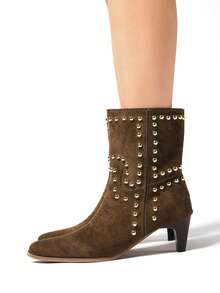 Fall/Winter 2025 New Women's Brown Suede Rivet Decor Pointed Toe Chunky Heel Short Booties,Western Boots,Kitten Heels - Brown - View 2