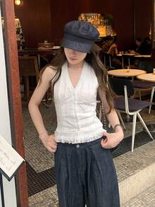 蕾丝修身挂脖无袖上衣，修身 - 白色 - 查看 8