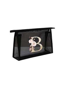 1pc Black Mesh Bag, Printed With Creative Flower Letters A-Z Transparent Mesh Cosmetic Storage Bag, Large Capacity Multi-Functional Travel Portable Bag, Lipstick Skin Care Product Storage Toiletry Cosmetic Bag, Student Stationery Bag, Mesh Zipper Bag Makeup Bag Make Up Bag Makeup Pouch Toiletry Bag Wash Bag Travel Essential Cruise Essentials Vacation Essentials For Men Women - Black - View 27