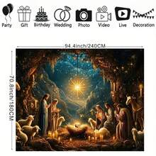 1 Peça Pano de Bottom com Tema Religioso de Natal: Cena da Natividade com o Menino Jesus, Anjos, Pastores, Caverna, Luz de Vela, Três Reis Magos, Padrão de Céu Estrelado, Adequado para Festa de Natal, Decoração de Bottom para Reunião Familiar, Cenário Fotográfico, Adereço de Vinil