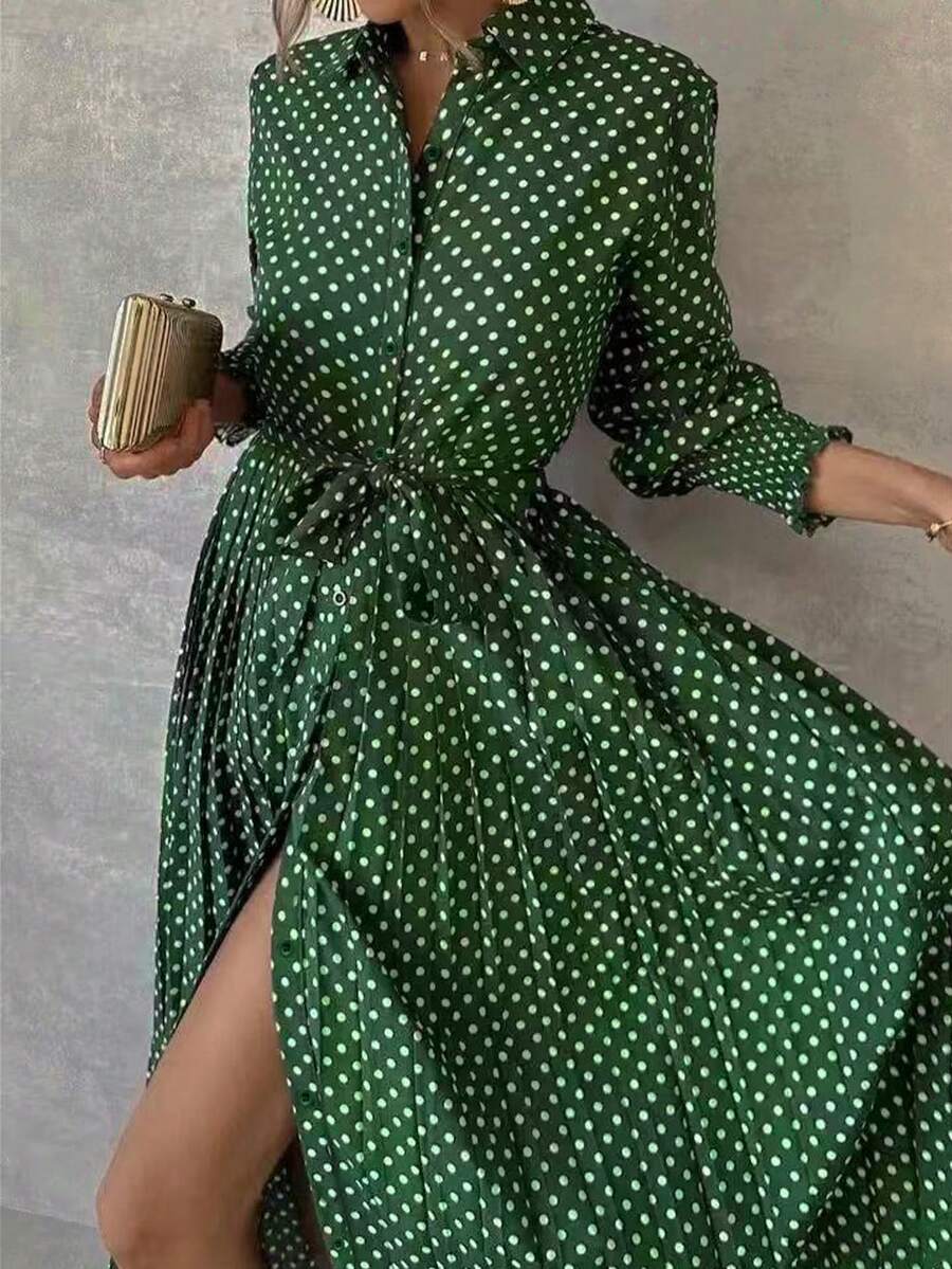Women's Polka Dot Print Tie Decor Dress, Summer Outfits For Women, Music Festival, Spring Outfits For Women, Elegant - Green - View 1