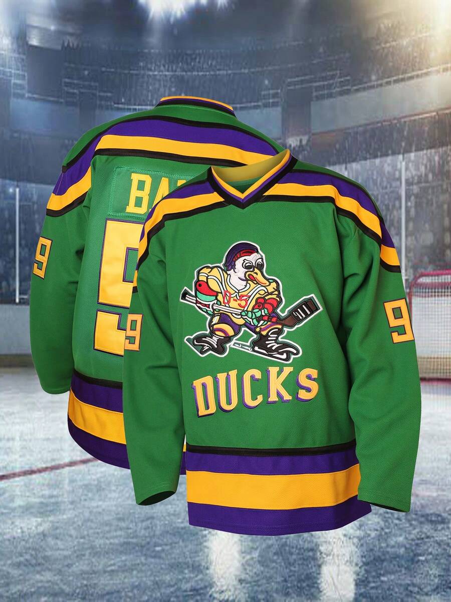 Men's #99 Green Banks Ice Hockey Jersey - V-Neck Long-Sleeve Style, Cartoon Mighty Duck Pattern With Letter And Number Embroidery, Purple And Yellow Stripe Decoration, Breathable Fabric With Classic Fit Suitable For Sports And Daily Wear - màu xanh lá - Xem 1