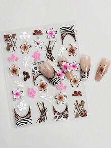 3/6 Sheets Leopard Print Hibiscus Flower Nail Art Stickers, Tropical Floral Animal Print Nail Decals, Self-Adhesive Exotic Summer Hawaiian Nail Stickers For Beach Vacation Party DIY Manicure Decoration