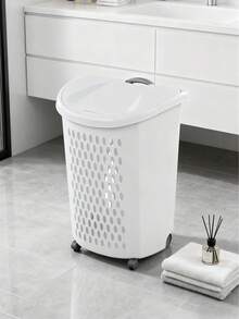 Plastic Laundry Hamper With Wheels & Handle – White, Spacious Capacity To Fit Multiple Loads Of Laundry, Easy Transport Between Bedroom, Bathroom & Laundry Area, Durable Plastic Material Resists Cracks & Stains, Ideal For Home, RV & Small Spaces - 白色 - 查看 5