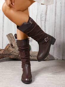 Botas de Tornozelo Retrô com Fivela para Mulheres Plus Size, Cor Sólida, Outono/Inverno, Design de Zíper Lateral e Cano Médio, Prático e Fashion. Forro Térmico para Aquecimento, Sola Plana Confortável, Couro + Forro de Lã Melhora a Qualidade e Elegância do Calçado, Formato Elegante da Perna, Versátil para Passeios, Um Item Fashion Indispensável no seu Guarda-Roupa.