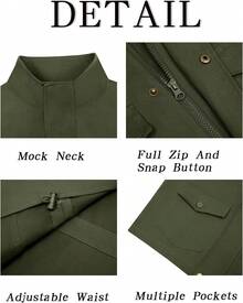 Mens Military Jacket Full Zip And Button  Field Jacket Multi Pocket Cargo Outdoor Coathalloween - 黑色 - 查看 4