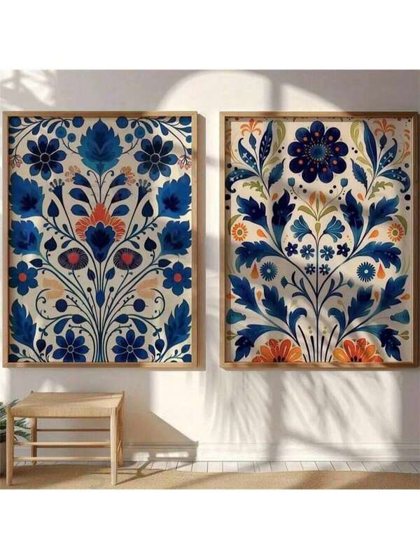 مجموعة طباعة زهرية فنية شعبية إسكندنافية - لوحة جدارية بالأزرق والأبيض مع حواف ذهبية، بدون إطار، ملصق لوحة جدارية، طباعة لديكور الجدران، مناسبة لديكور الحمام، ديكور غرفة النوم، ديكور المنزل، ديكور المطبخ والمكتب - هدية مثالية لعيد الحب، رأس السنة، عيد الهالوين، عيد الميلاد، منزل جديد - بدون إطار