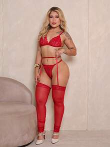 Gringa Sexy Set Kit Adjustable Bra Panties + Garter Belt + Pantyhose - 紅色 - 查看 5