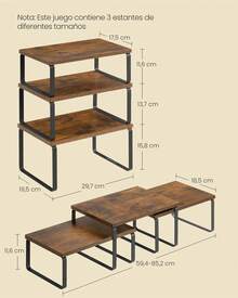 Estante para Especias, Juego de 3, Organizador de Armario, Apilables, Especieros Extensibles, Metal y Madera de Ingeniería, Marrón Rústico y Negro Mate - Marrón - Ver 5