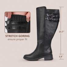 Women's Extra Wide Calf Block Heel Stacked Buckle Hidden Stretch Knee High Boots - Black - View 3