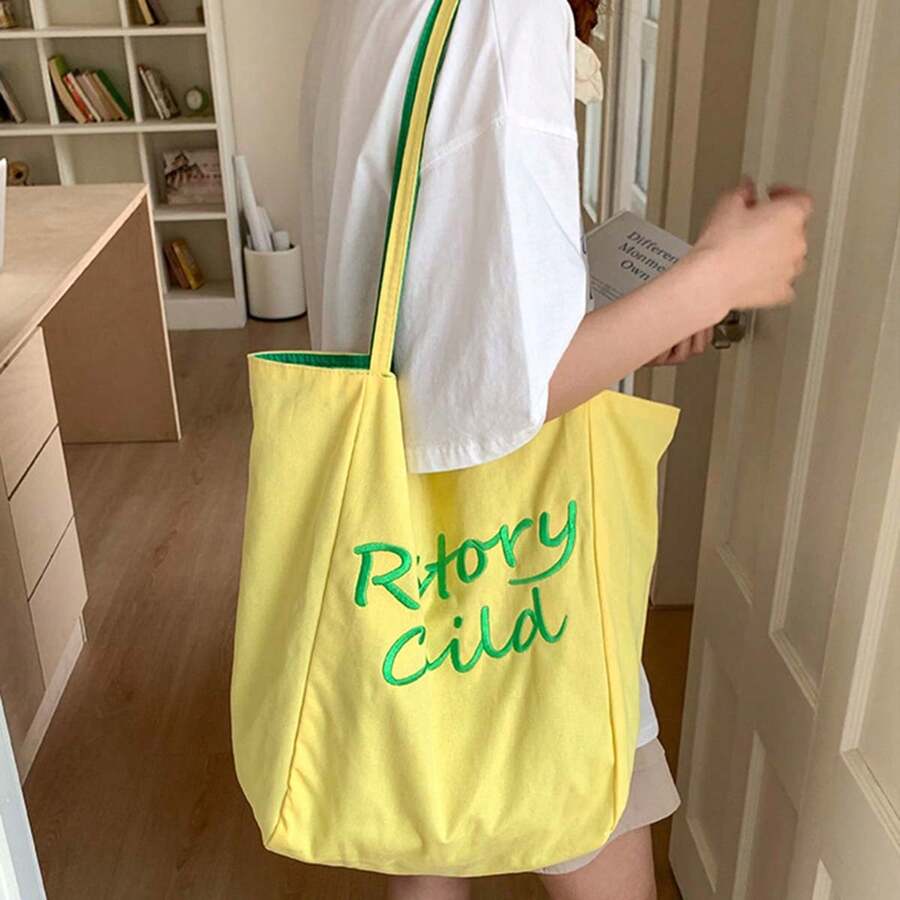 Woman Canvas Bag, Embroidery Letters Double Side Large Capacity Shoulder Bag Handbag For Casual Daily - Yellow - View 1