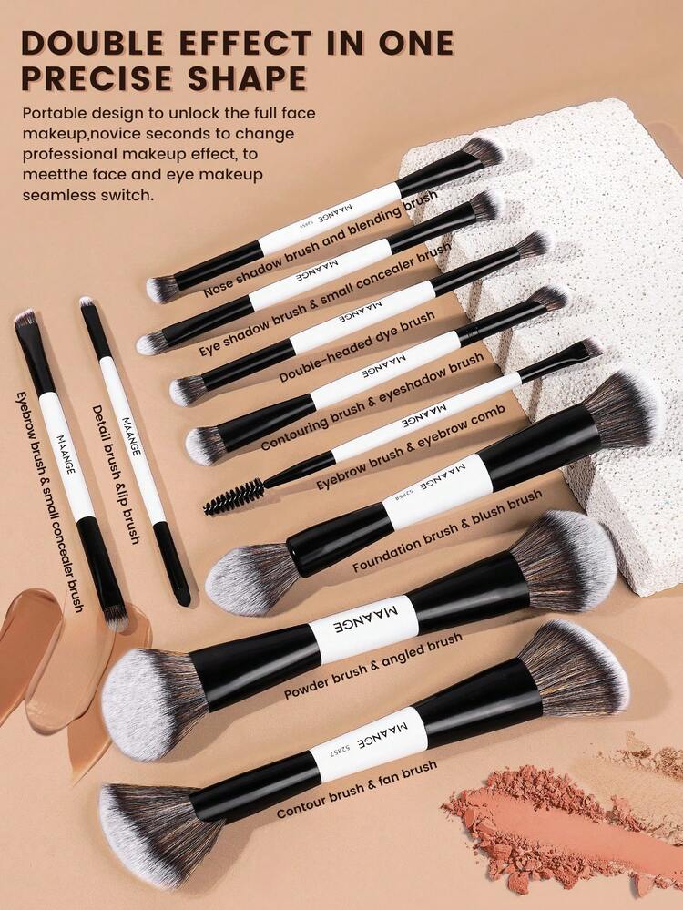 MAANGE 3/10 قطعة مجموعة فرش مكياج احترافية ذات طرفين، تشمل حقيبة مكياج، فرشاة أساس مائلة، فرشاة تحديد الملامح، فرشاة أحمر الخدود، فرشاة البودرة، فرشاة ظلال العيون، فرشاة الكونسيلر، فرشاة البرز، فرشاة الخلط، شعيرات ناعمة، محمولة، مجموعة سفر، هدية للنساء/البنات - أبيض وأسود - مشاهدة 7