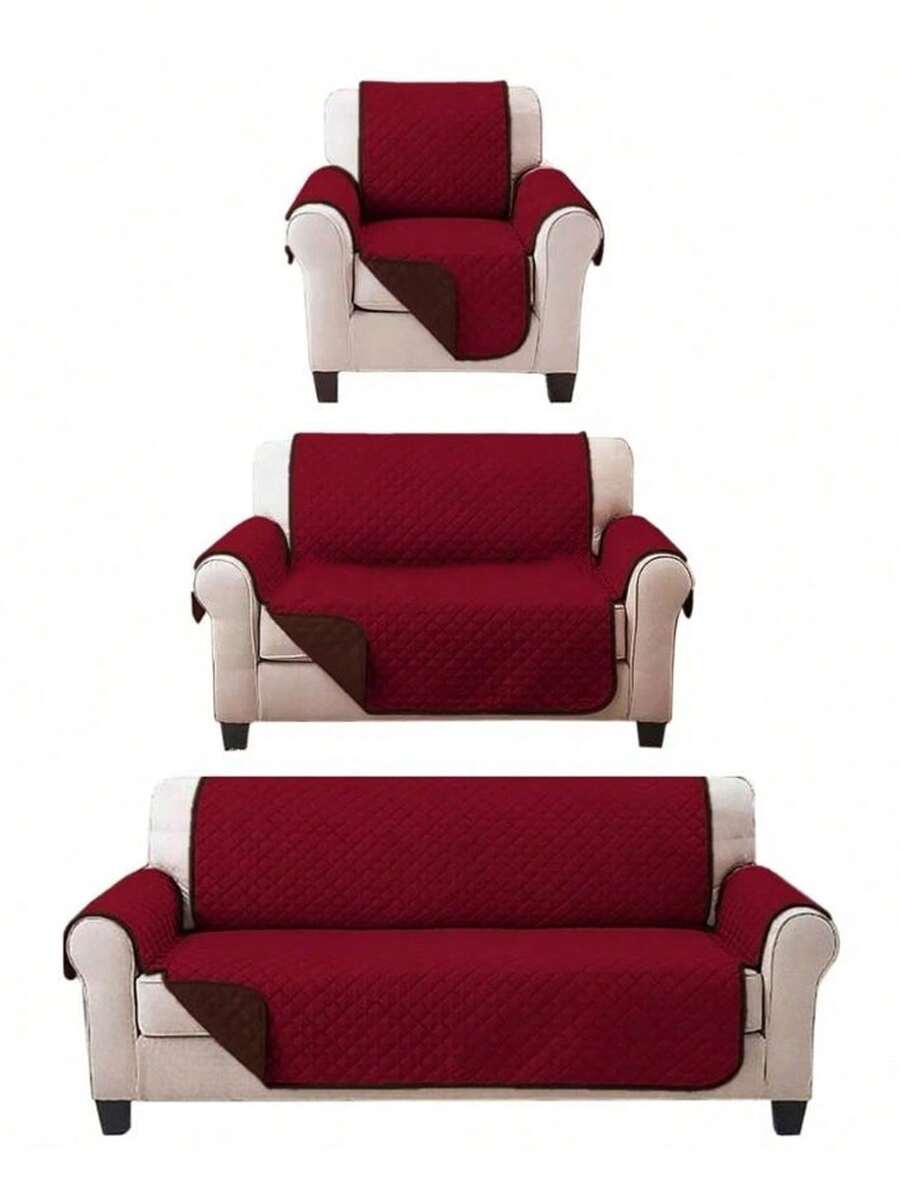Living Room Cover 3 Pieces Double View Anti-Mite Protector, Sofa Cover - Burgundy - View 1