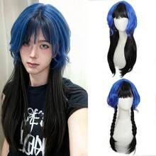 Peluca de cabeza de medusa teñida de azul y negro, peluca de cosplay para hombres, cabello sintético resistente al calor, forro interior de rosa, adecuada para juegos de roles, Halloween, festivales de música
