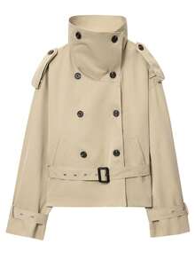 Cropped Trench Coat Women Belt Windbreaker Jacket Autumn Winter Coat Female Outfits Short Outerwears Fall Ladies Crop Bomber Jacket - Khaki - View 6