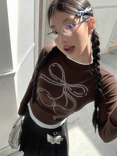 全新设计水钻樱桃蝴蝶结装饰修身长袖上衣