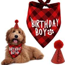 狗狗配饰狗狗生日围兜围巾，宠物生日派对用品三角形男孩狗狗围巾，搭配可爱狗狗生日帽，适合中小型犬和猫咪服装头饰 - 彩色 - 查看 9