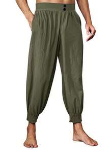Men's Elastic Waist Pirate Costume Pants Cotton Medieval Viking Knicker Colonial Style Ideal For Halloween - xanh quân đội - Xem 4