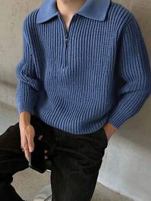 1pc Boys & Teens' Simple Stylish Solid Color Comfortable Casual Outdoor Zip-Up Warm Thick Knit Sweater, Spring/Autumn/Winter