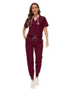 Scrubs Women Nursing Beauty SPA Uniforms Pet Clinic Store Veterinary Dentistry Work Clothes Set High-Quality Nurse Uniform - Burgundy - View 7