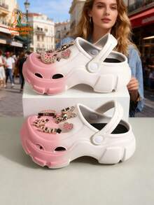 Walk With Your Child 1 Pair 1 Pair Of Thick-Soled EVA Waterproof And Anti-Slip Sandals For Girls With Gradient Colors In Pinkish-Red And White, Round Toes And Beautiful Golden Rabbit Decorations, Children's Golden Rabbit Pattern Breathable And Anti-Slip Sandals, Rhinestone-Encrusted Heart-Shaped Accessories - Baby Pink - View 2