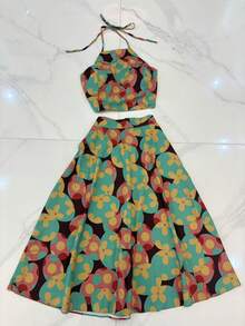 2-Piece Set Of Top And Short Skirt For Women, Top With Padding, Skirt Has Elastic - 酒紅色 - 查看 1