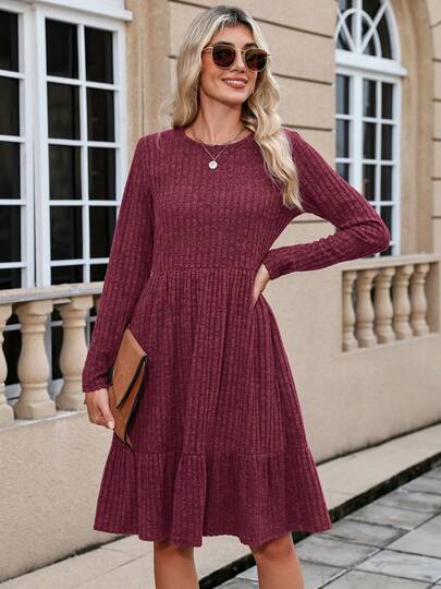 Women Knit Sweater Dress With Pockets Casual Ruffle Hem Burgundy Dresses,Fall Wedding Guest Or Christmas Dress