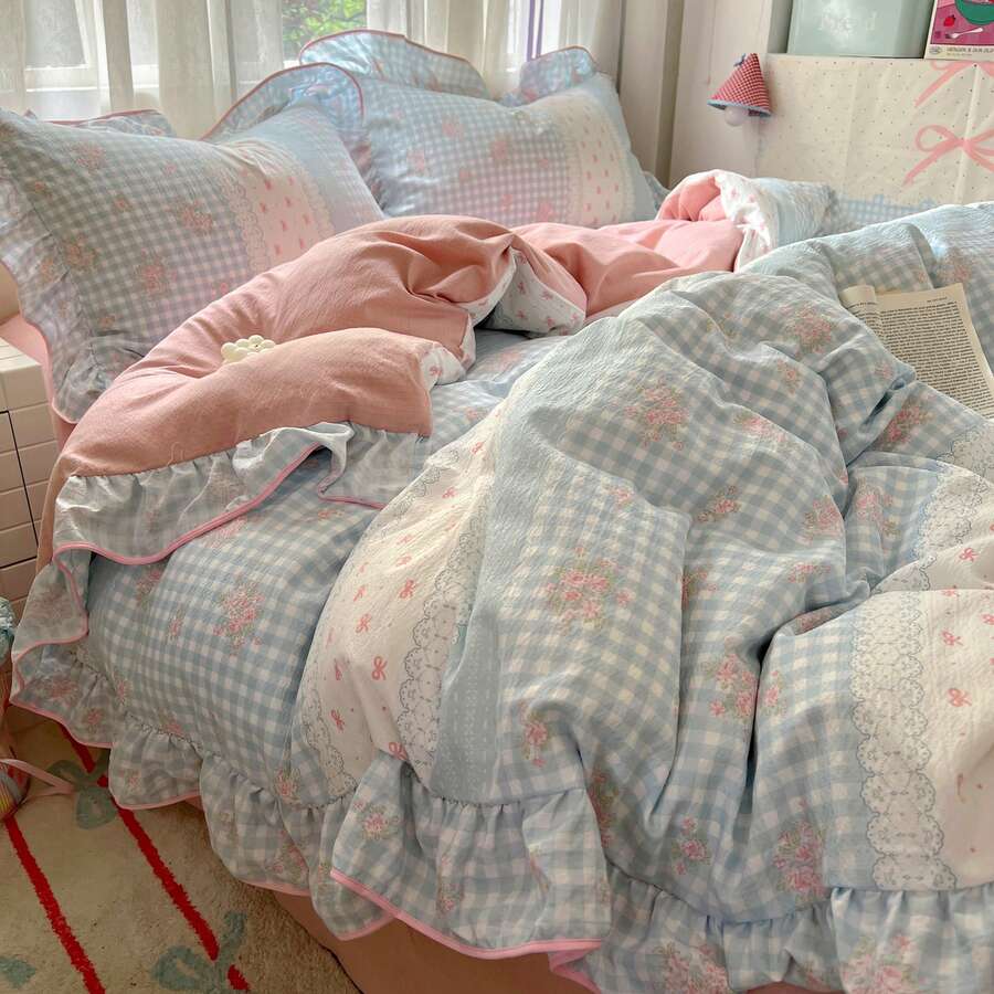 [2025 New Design]Blue White Plaid Bow Duvet Cover Set, Floral Pink Ruffle Bedding, 3Pcs (1 Duvet Cover + 2 Pillowcases, No Inserts) For Women, Single And Double Size, Pillowcase Pattern Random Cut - 藍色 - 查看 1