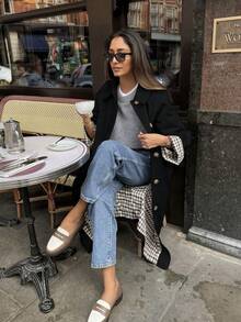 1pc 2025 Autumn/Winter New European & American Style Women's Long Wind Trench Coat, Raglan Sleeve, Lapel Collar, Contrast Plaid Pattern, Single-Breasted, Multi-Functional Casual Trench Coat, Casual Long Over-The-Knee Windbreaker Outerwear, Daily Home Outdoor Party Holiday Commute Office - Black - View 5