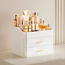 Makeup Organizer Vanity With 2 Drawers, Large Bathroom Countertop Cosmetics Organizer Skin Care Storage, Easy To Store Lipsticks, Nail Polishes, Perfumes, Eyeshadow Palettes, All White - 最初的 - 查看 6