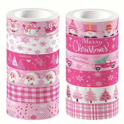12/6 Rollen rosa Weihnachts-Washi-Tape, 1,5cm x 5m Weihnachtsbaum, Schneemann, Weihnachtsmann, Zuckerstangen Muster Abdeckband, geeignet für Scrapbooking, Tagebücher, Geschenkverpackung, Basteln