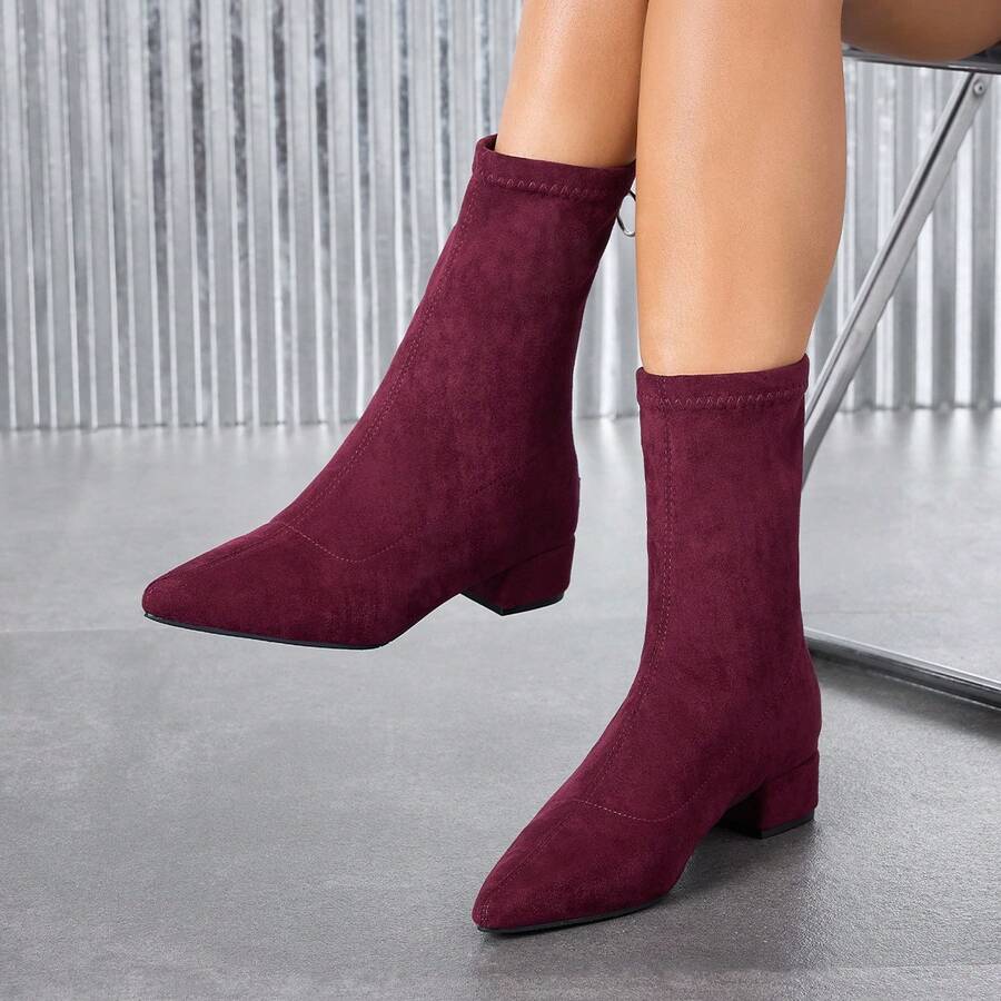 Women's Pointed Toe Faux Suede Ankle Boots, Suitable For Commuting And Office Wear - Burgundy - View 1