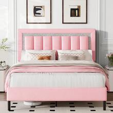 Upholstered Bed Frame With Headboard, Modern Bed Frame With Vertical Channel Tufted Headboard, PU Leather Bed Frame With Diamond Headboard, No Box Spring Needed, Easy Assembly, White/ Black/ Pink, Twin/ Full/ Queen - 粉色 - 查看 11