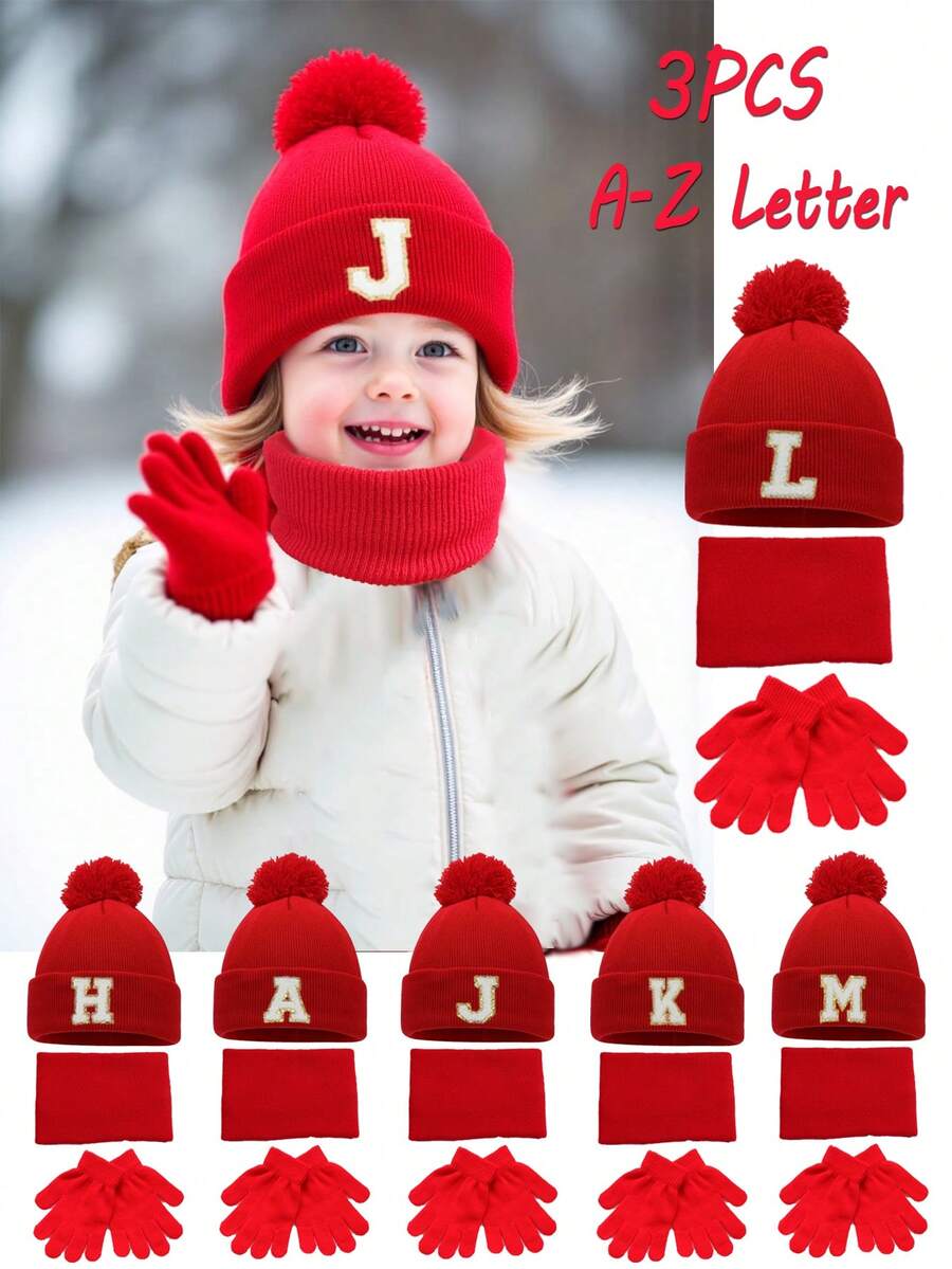3 Stücke Kinder Winter Gestrickte Mütze, Schal und Handschuhe Set, Unisex Warmes Accessoire Set für Mädchen, Kinder