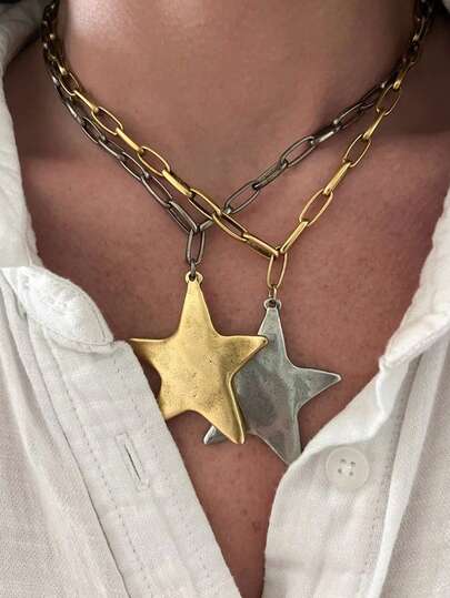 1pc Summer Beach Starfish Pendant Chunky Chain Necklace, Suitable For Women's Daily, Party, Vacation, Travel Wear