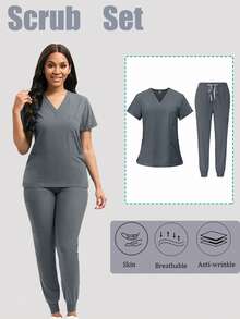 Women's Scrub Set, Casual Nurse Uniform Set, Breathable Quick-Dry Top And Pants - Grey - View 1