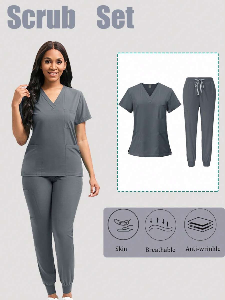 Women's Scrub Set, Casual Nurse Uniform Set, Breathable Quick-Dry Top And Pants - Grey - View 1
