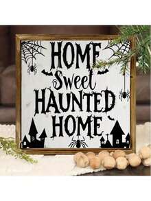 1/2 件，迷人的乡村农场艺术木制标牌，8x8 英寸，“甜蜜鬼屋”复古墙面装饰，带有蜘蛛网和鬼屋设计，适用于万圣节、厨房、浴室、客厅、入口 - 无需电力，恐怖万圣节装饰
