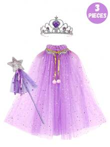 3 Peças Conjunto de Fantasia de Princesa, Varinha Mágica e Capa, Adequado para Meninas Pequenas se Fantasiarem, Jogos de Fantasia, Acessórios para Festas de Interpretação de Papéis em Feriados, É uma Escolha Ideal para Dar de Presente a Meninas