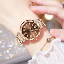 1 Stück Damen Quarzuhr mit roségoldenem Gehäuse, braunem Zifferblatt, Armband aus roségoldenem Edelstahl, römischen Ziffern mit Diamanten als Markierungen, High-End Luxusuhr für den täglichen Gebrauch - LA313