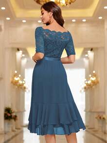 MIUSOL Boat Neck Floral Lace Paneled Ruffle Hem Cocktail Party Swing Dress - Dusty Blue - View 3