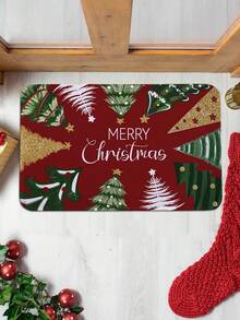 1pc Plaid Christmas Tree Print Doormat, Christmas Soft Velvet Rectangular Non-Slip Absorbent Mat, Suitable For Living Room, Bedroom, Entryway