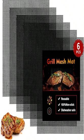 Grill Mesh Mat Set Of 6, Non Stick BBQ Grill Mats, Heavy Duty Grilling Mats Barbecue Grill Accessories, Reusable And Easy To Clean, Works On Gas, Charcoal, Pellet Grill And More, 1575 X 13inch, Black