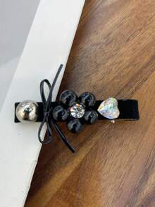 Shiny Black Bow Flower Side Cute Women's Duck Clip Hair Accessory, Claw Clips, Hair Slide, Hair Barrettes