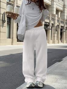 Pantalones de chándal sueltos y casuales de unicolor con cintura elástica - Blanco - Ver 4