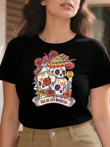 220g pure cotton women's casual T shirts thick and comfortable T shirt with Dia de los Muertos skulls flowers candle pattern - Negro - Ver 2