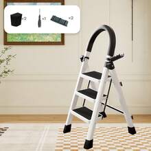 SAEIV Steel Folding Ladder, 3/4 Section, With Wide Steel Steps With Non-Slip Pads, Load Capacity Up To 500 Kg. Equipped With Snap Locks And Full-Length Vertical Foot Straps With Grooves. Ideal For Use In The House, Basement, Kitchen, Garage Or Office – White. - White 3-step Ladder - View 9