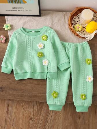 Baby Girls' Fashionable Casual Sweet Cute 3D Floral Print Crew Neck Long Sleeve Top And Pants Set, Autumn/Winter