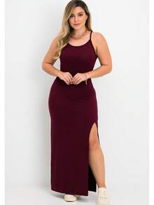 Women's Elegant Casual Long Dress In Ribbed Knit With Side Slits - Burdeos - Ver 1