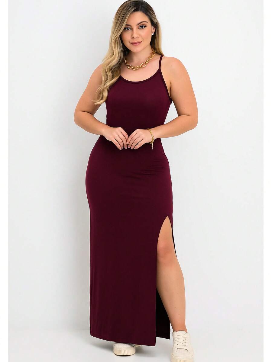 Women's Elegant Casual Long Dress In Ribbed Knit With Side Slits - Burdeos - Ver 1